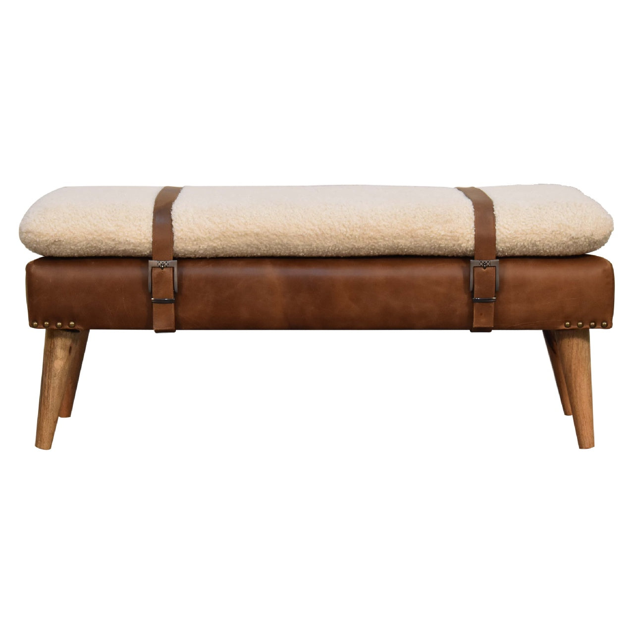 Boucle Buffalo Hide Leather Bench | Solid Mango Wood