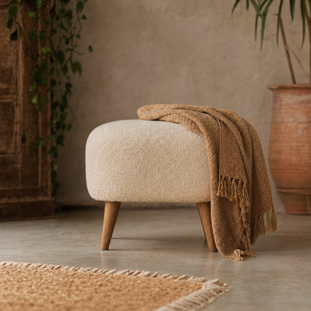 Boucle Cream Square Footstool | Solid Mango Wood