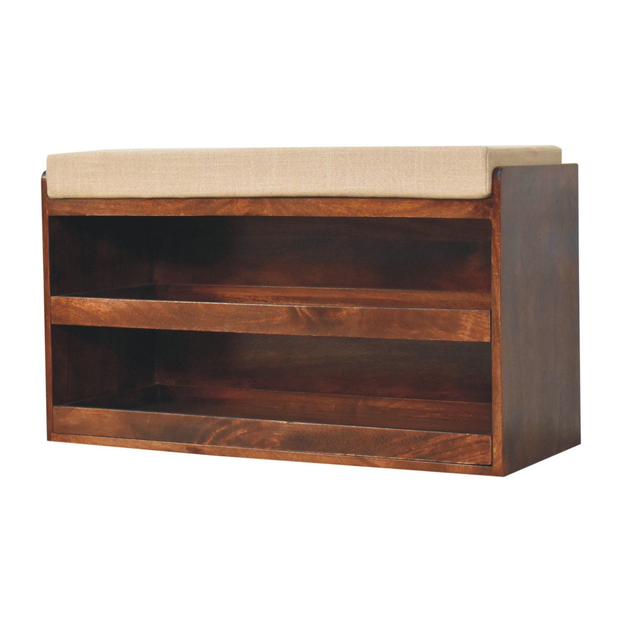 California Walnut & Mud Linen Pull out Shoe Bench | Solid Mango Wood