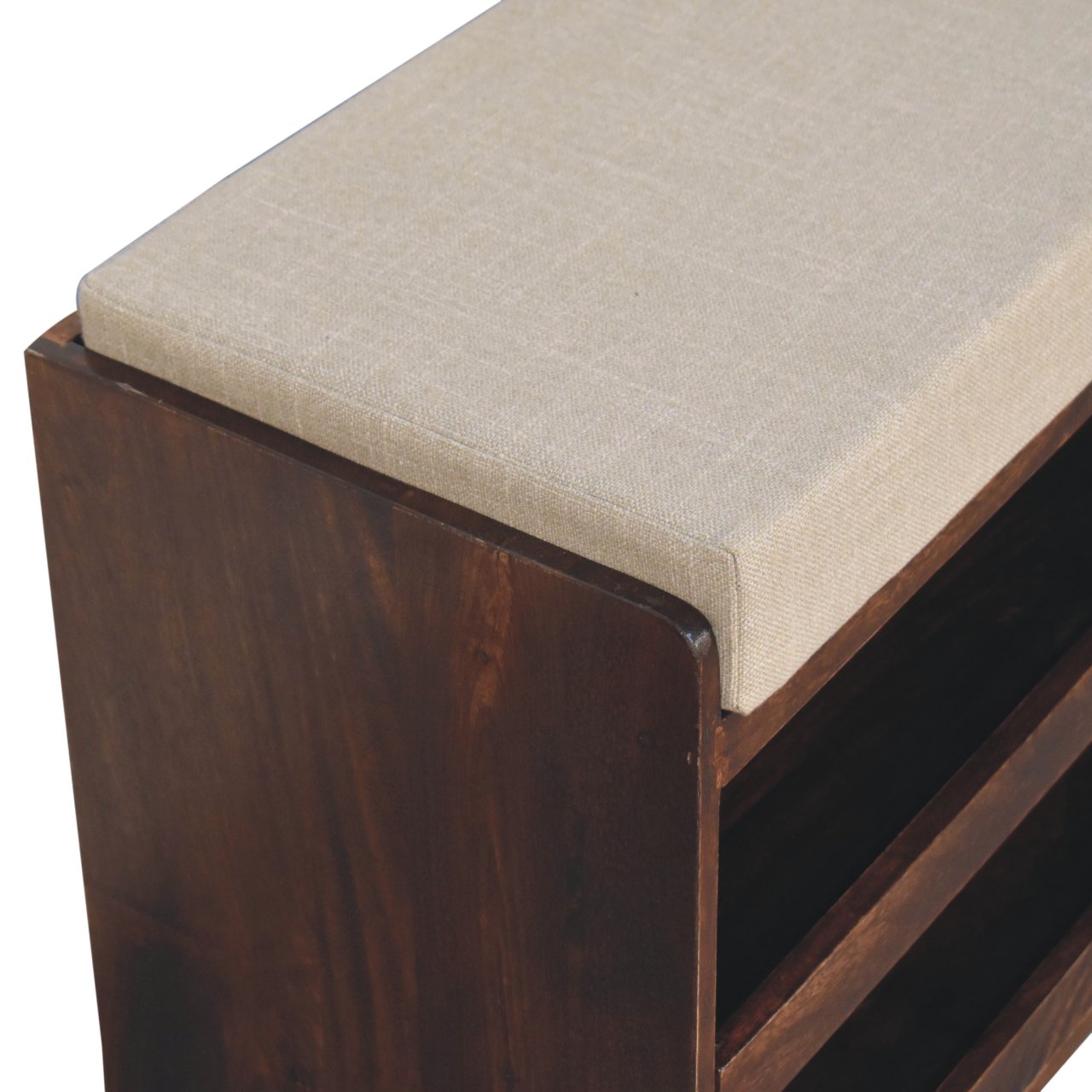 California Walnut & Mud Linen Pull out Shoe Bench | Solid Mango Wood
