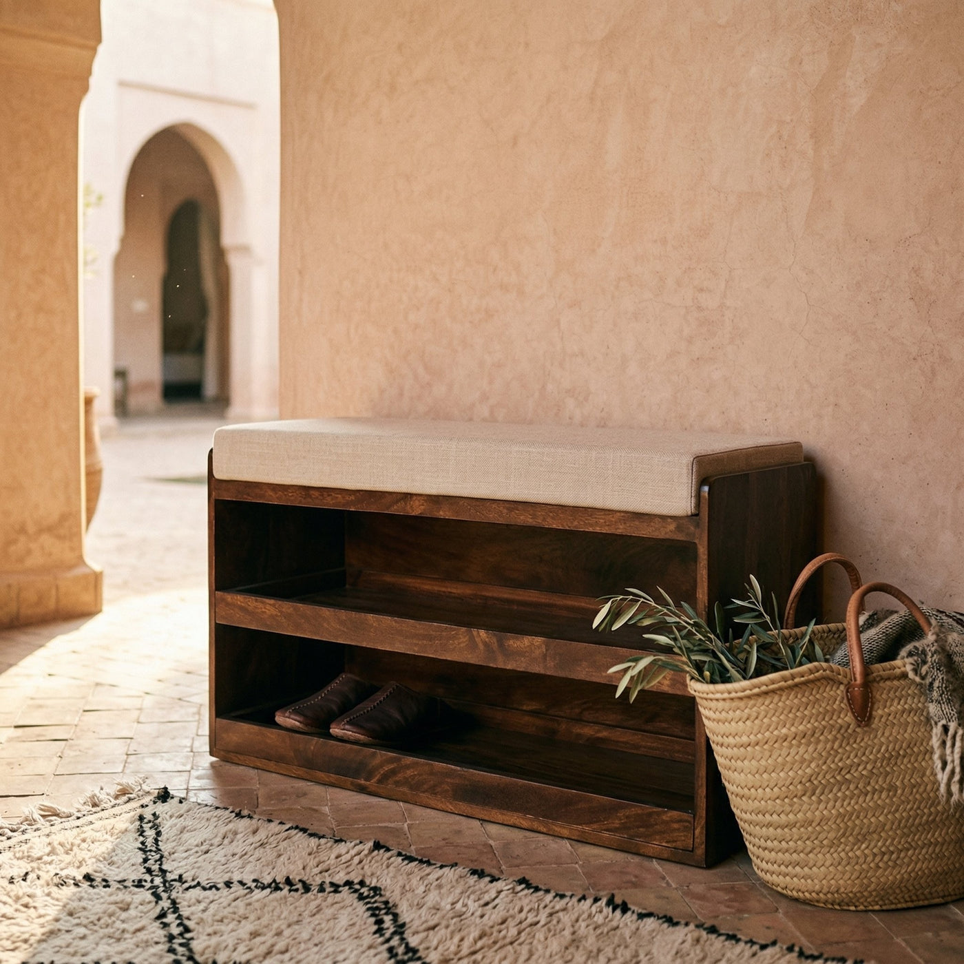 California Walnut & Mud Linen Pull out Shoe Bench | Solid Mango Wood