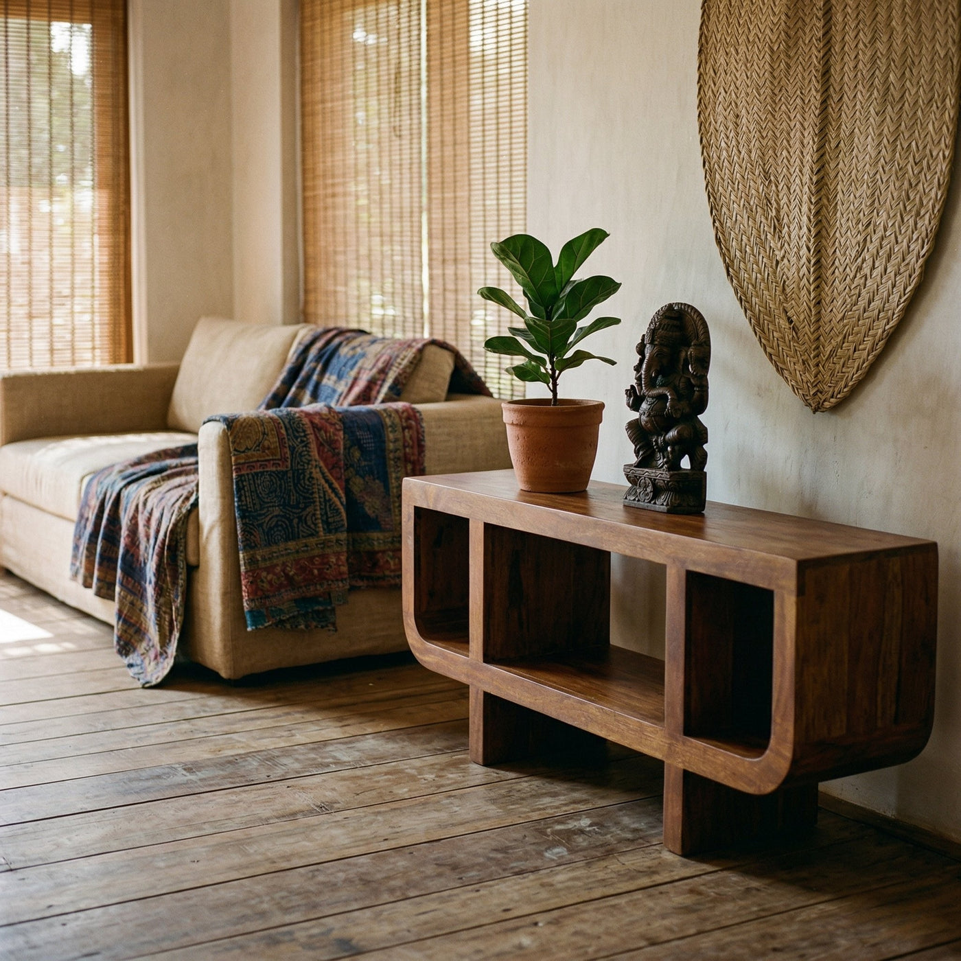 Orion Curved Chestnut Media Unit | Solid Mango Wood