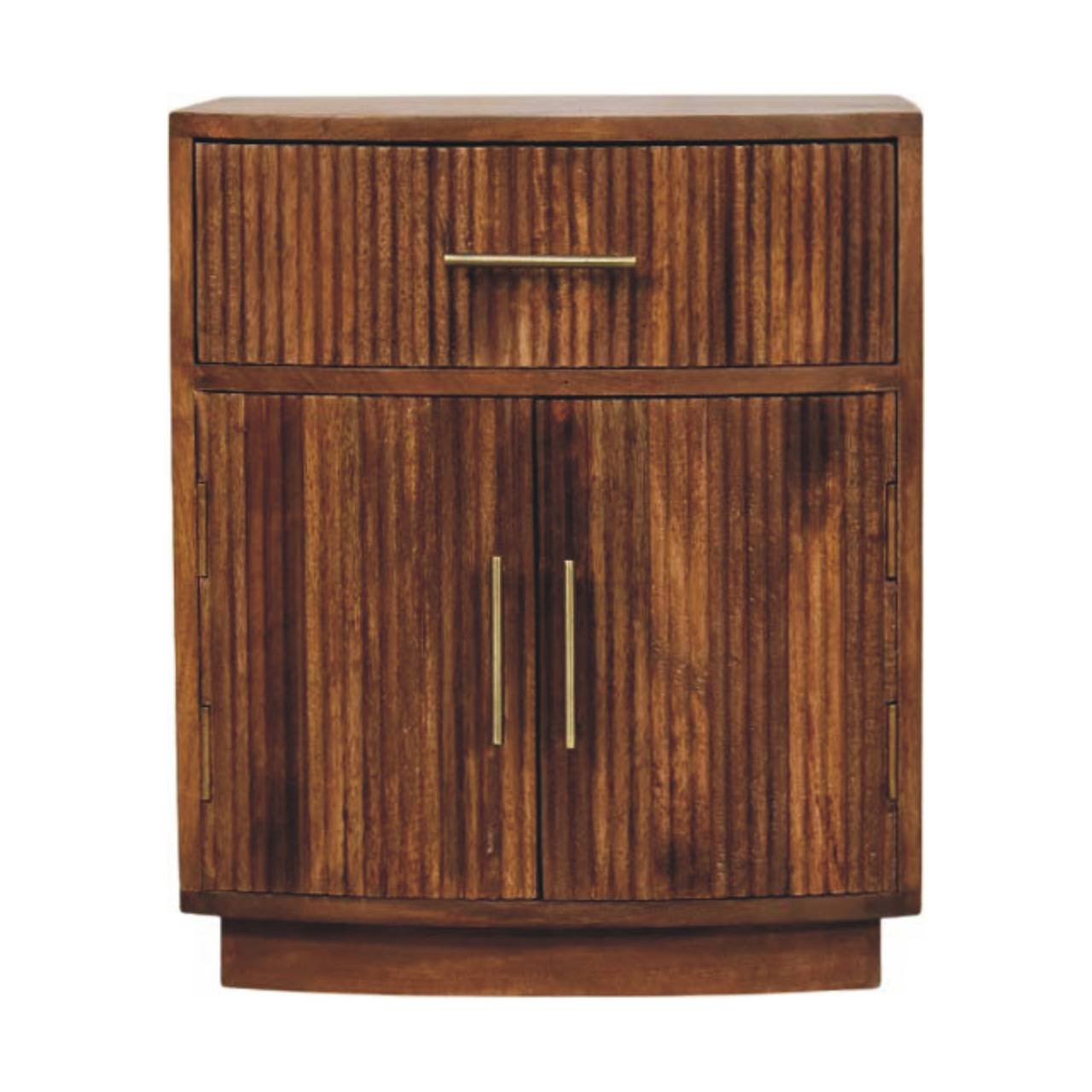 Solid Wood Curved Ribbed Bedside Table with Drawer | Solid Mango Wood
