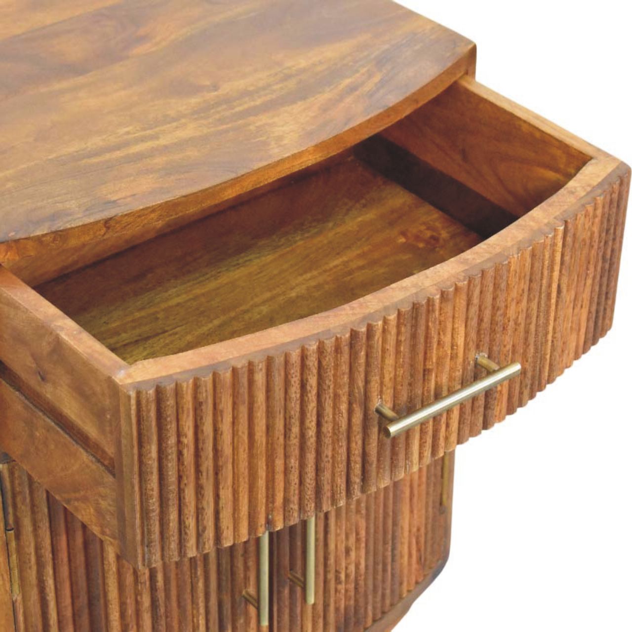 Solid Wood Curved Ribbed Bedside Table with Drawer | Solid Mango Wood