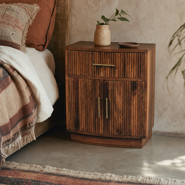 Solid Wood Curved Ribbed Bedside Table with Drawer | Solid Mango Wood