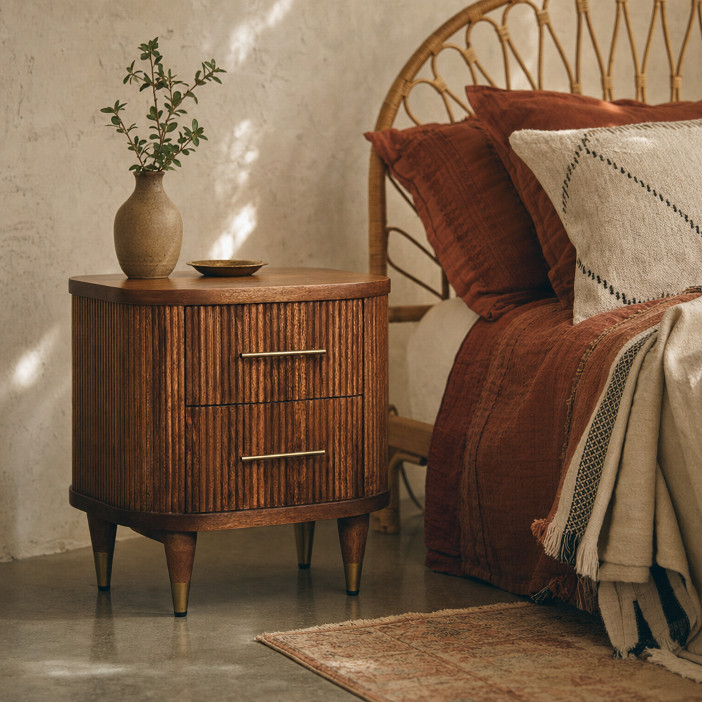 Ribbed Bedside Table with Brass Accents | Solid Mango Wood