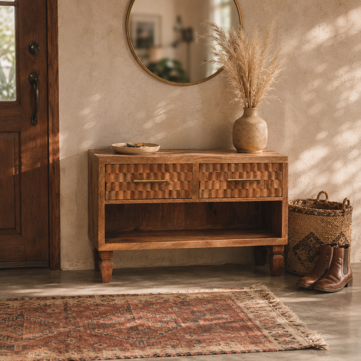 Cadiz Carved Entryway Shoe Cabinet | Solid Mango Wood