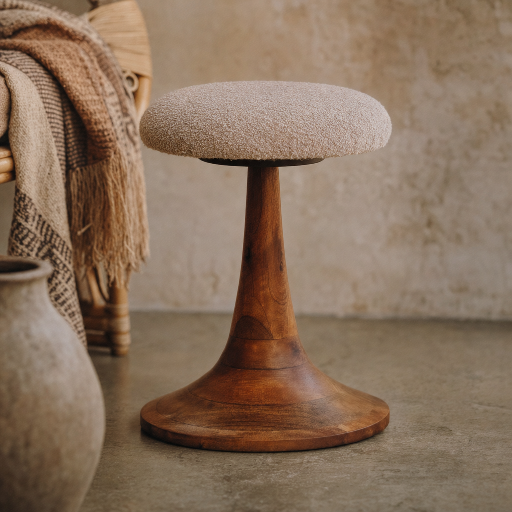 Boucle Teak Accent Stool | Solid Mango Wood