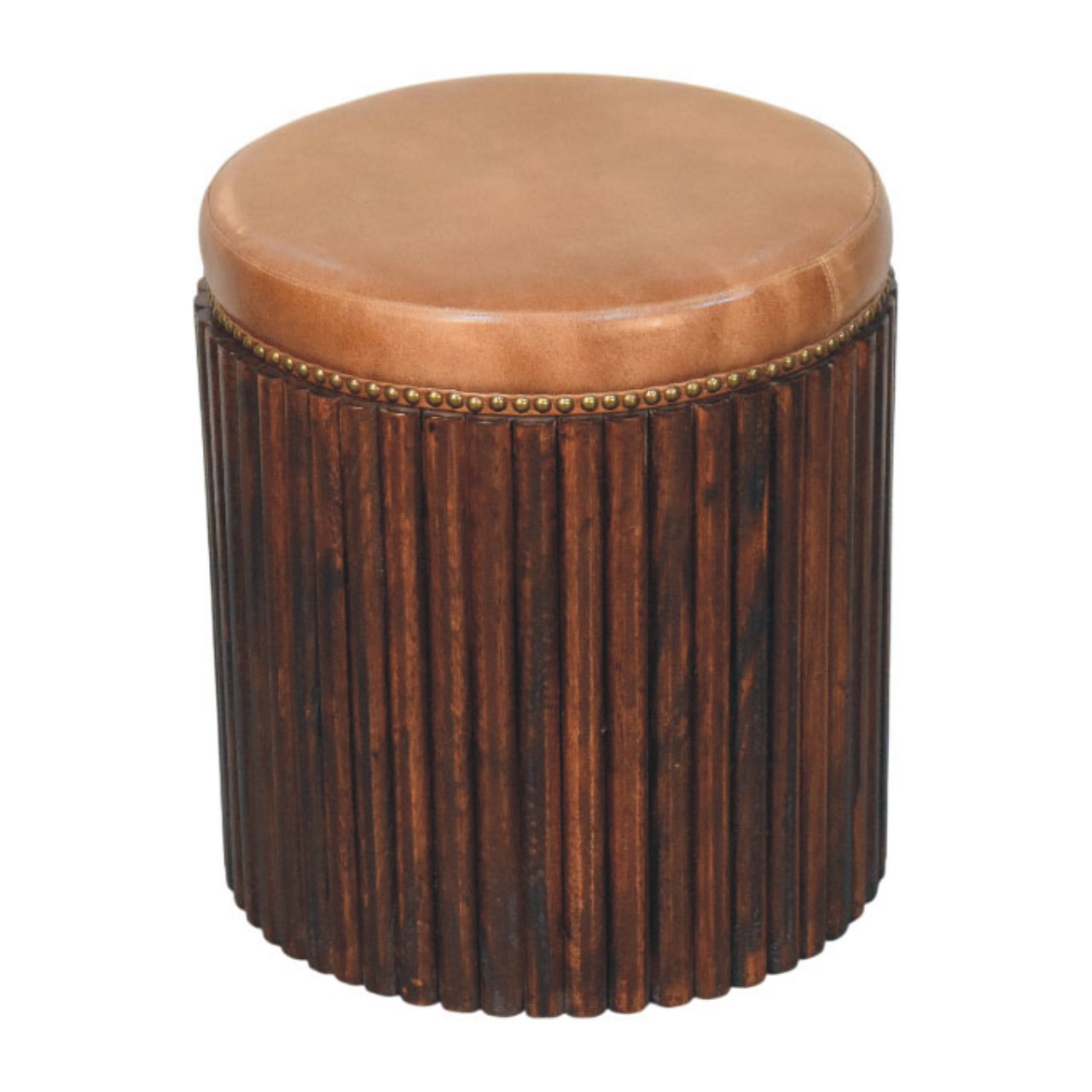 Ribbed Leather Accent Stool | Solid Mango Wood