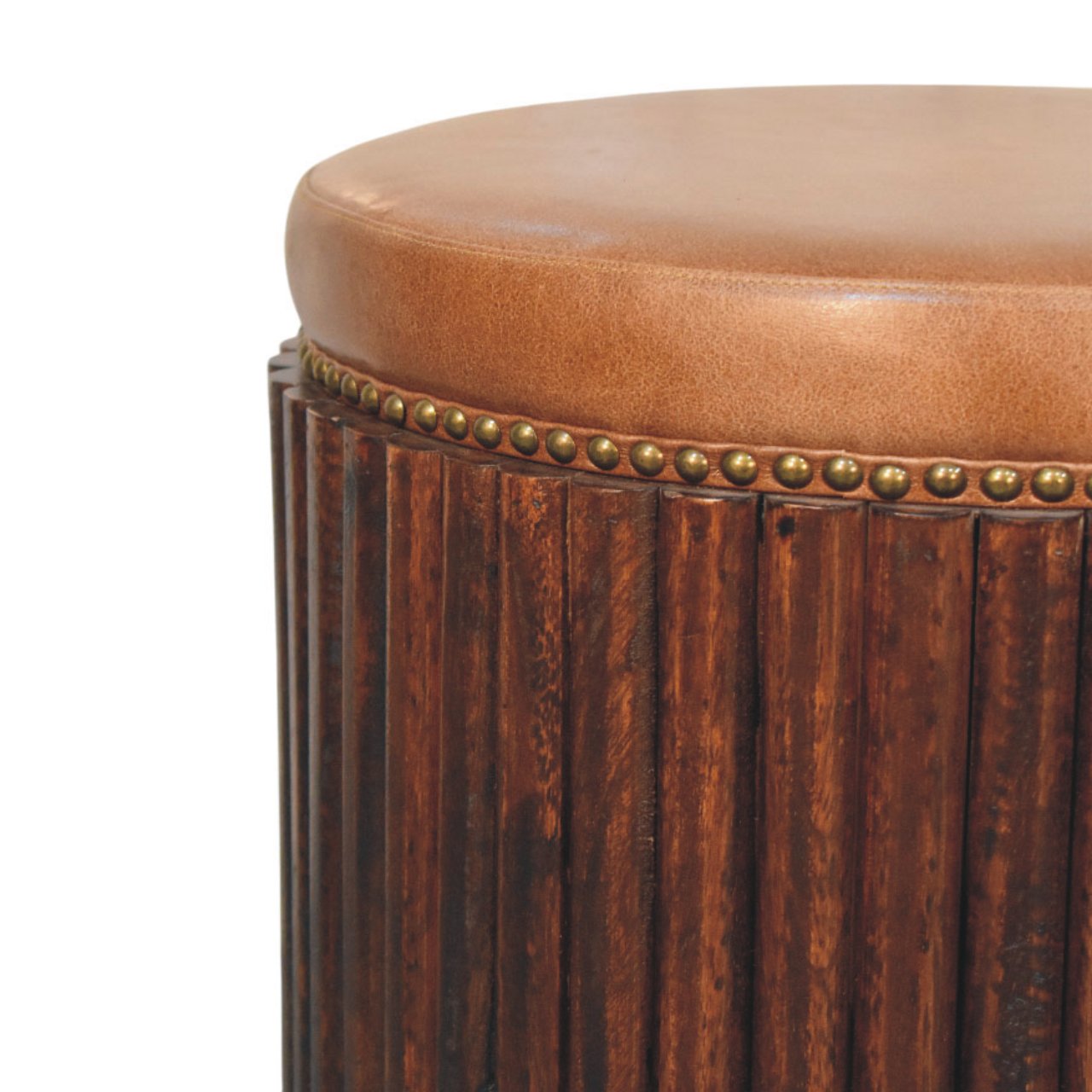 Ribbed Leather Accent Stool | Solid Mango Wood