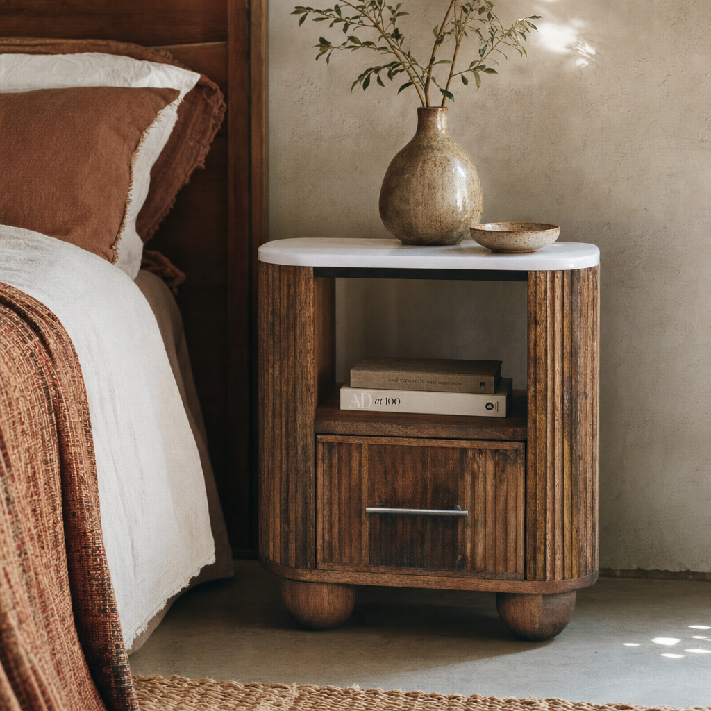 Beaumont Marble Bedside Table | Solid Mango Wood