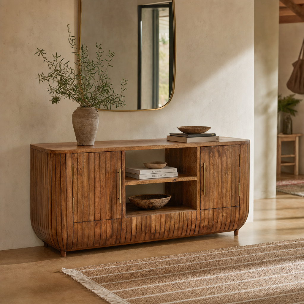 Fluted Media Console with Shelves | Solid Mango Wood