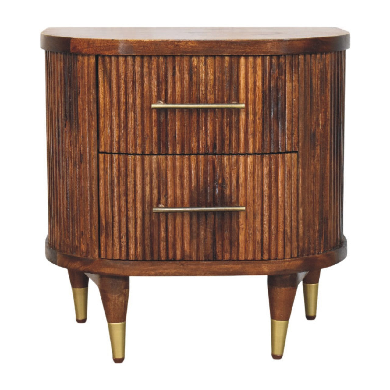 Ribbed Bedside Table with Brass Handles | Solid Mango Wood