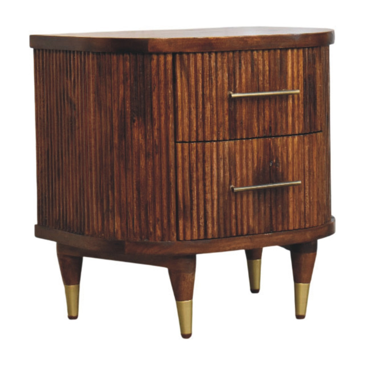 Ribbed Bedside Table with Brass Handles | Solid Mango Wood