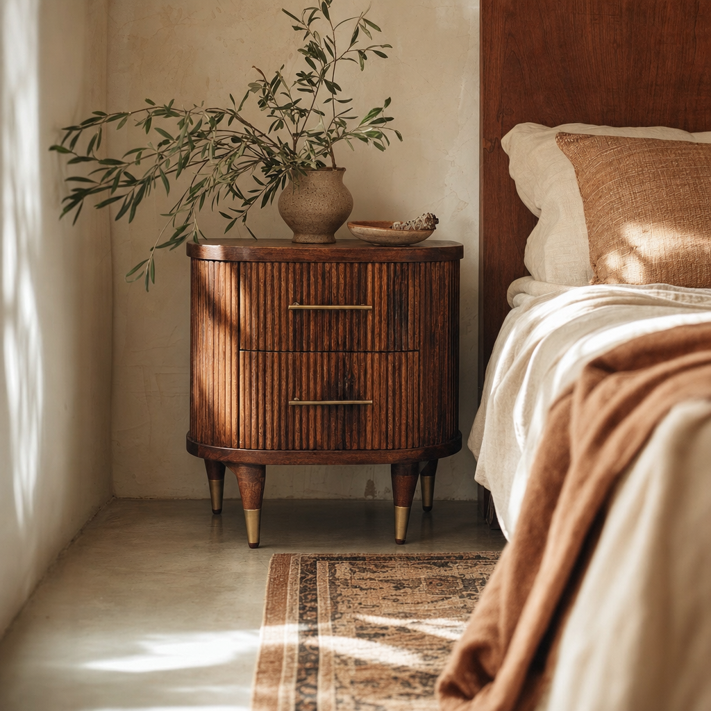 Ribbed Bedside Table with Brass Handles | Solid Mango Wood