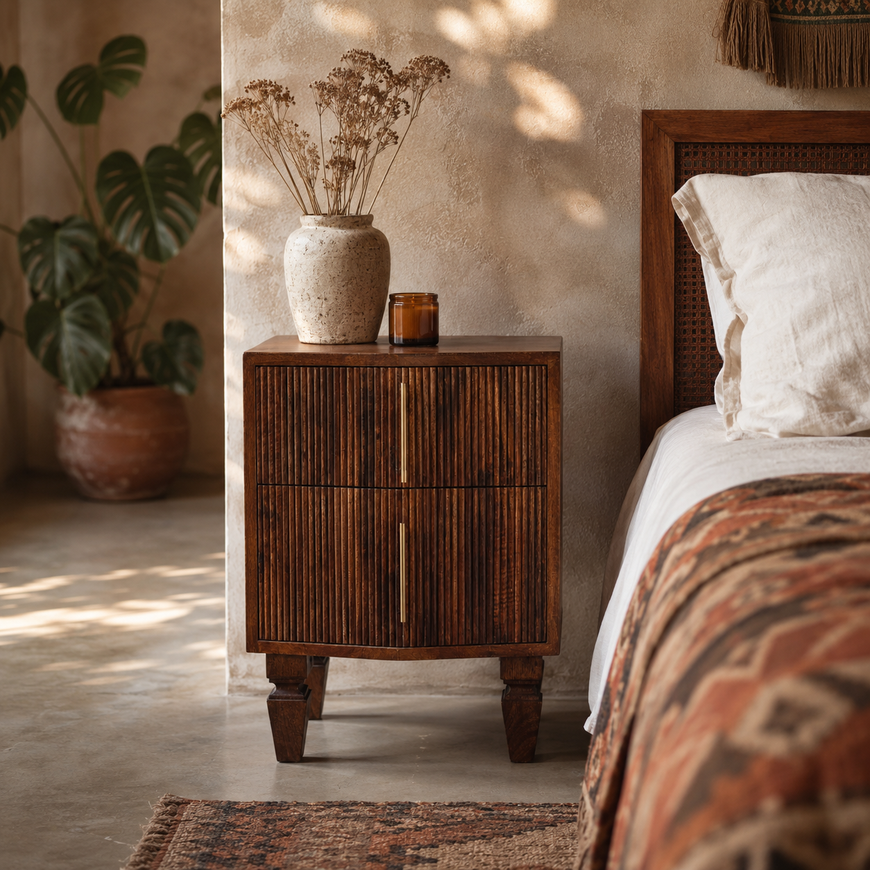 Harper Ribbed Chestnut Bedside Table | Solid Mango Wood