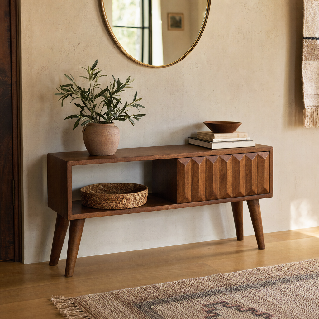 Chestnut Prism Sliding Media Unit | Solid Mango Wood