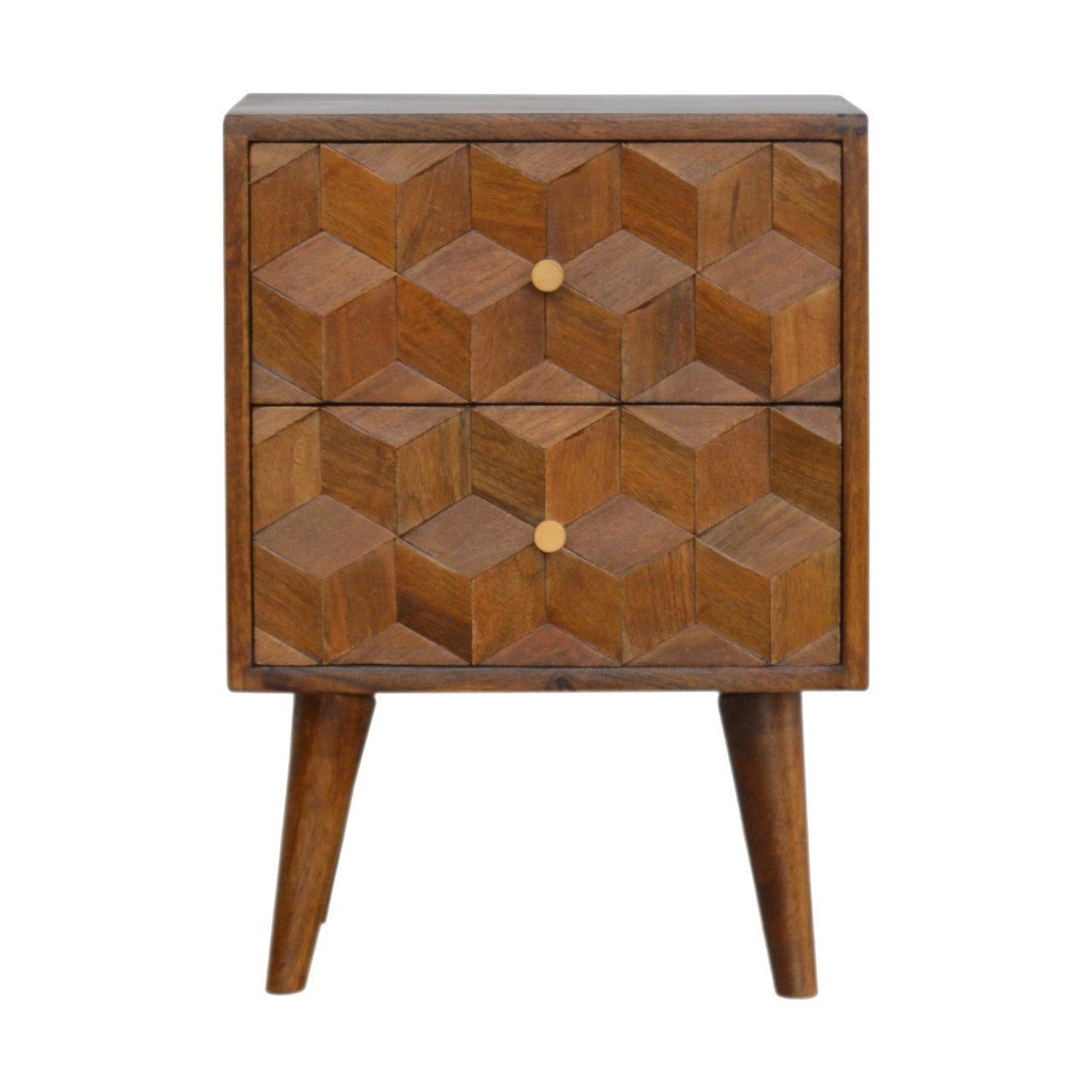 Chestnut Cube Carved nightstand | Solid Mango Wood