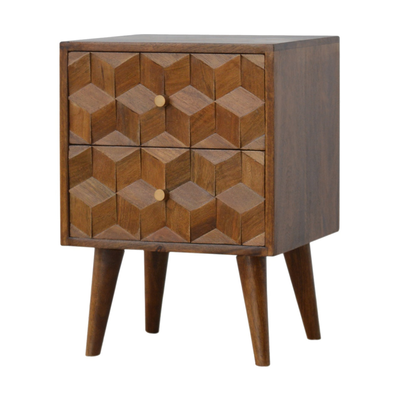 Chestnut Cube Carved nightstand | Solid Mango Wood