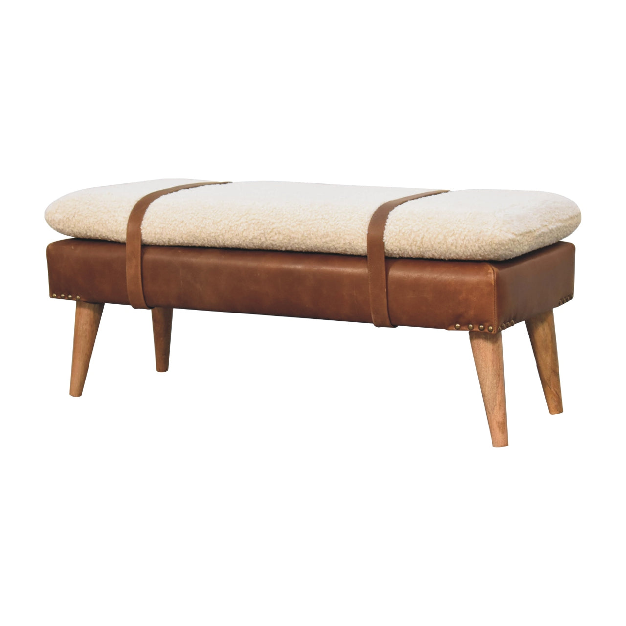Boucle Buffalo Hide Leather Bench — front three-quarter view