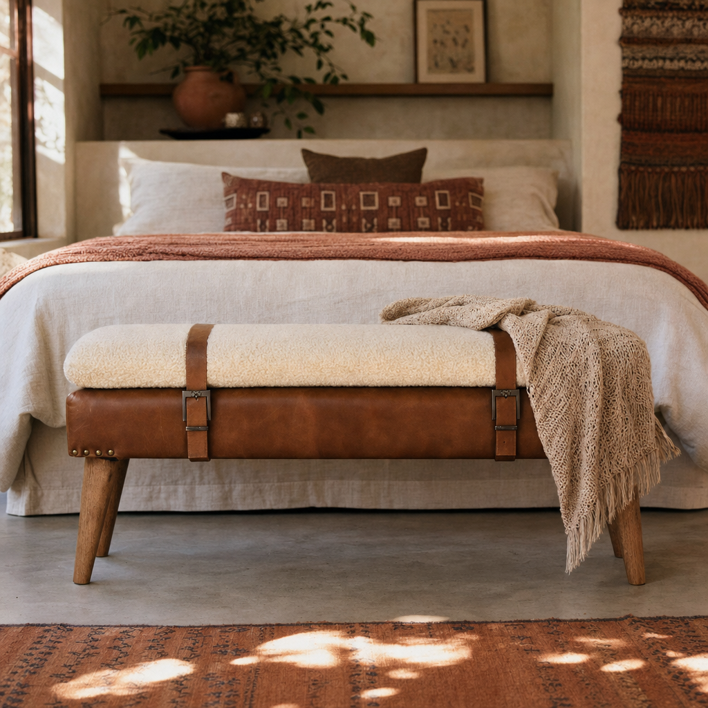 Boucle Buffalo Hide Leather Bench — lifestyle photo