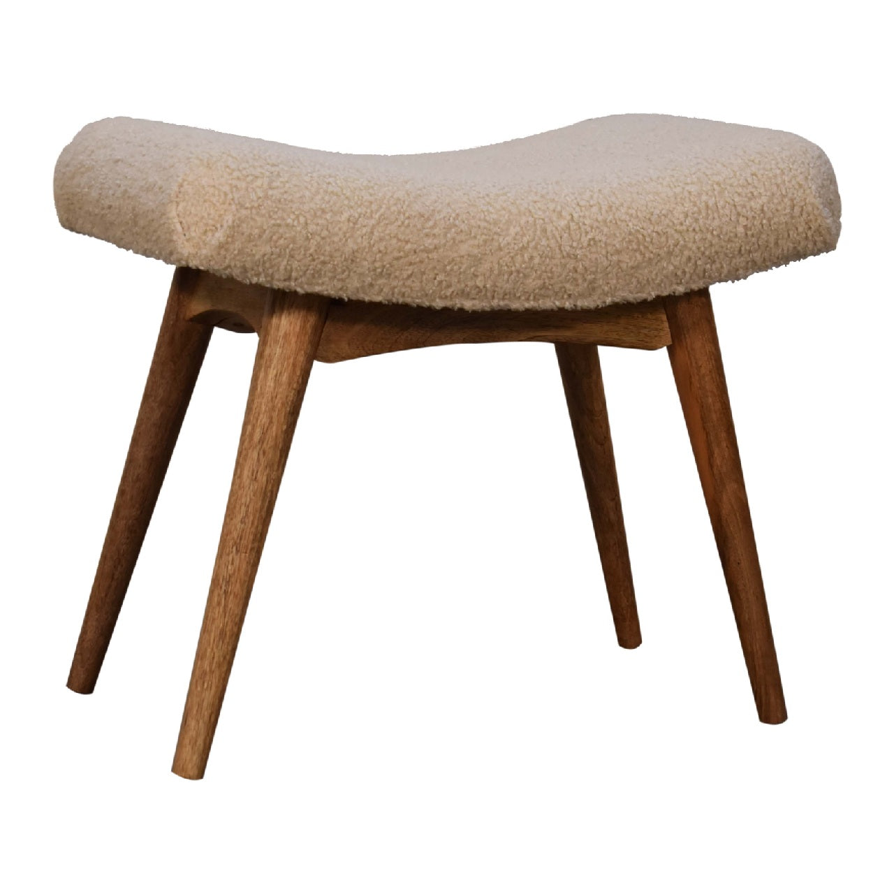 Boucle Cream Curved Bench — front three-quarter view