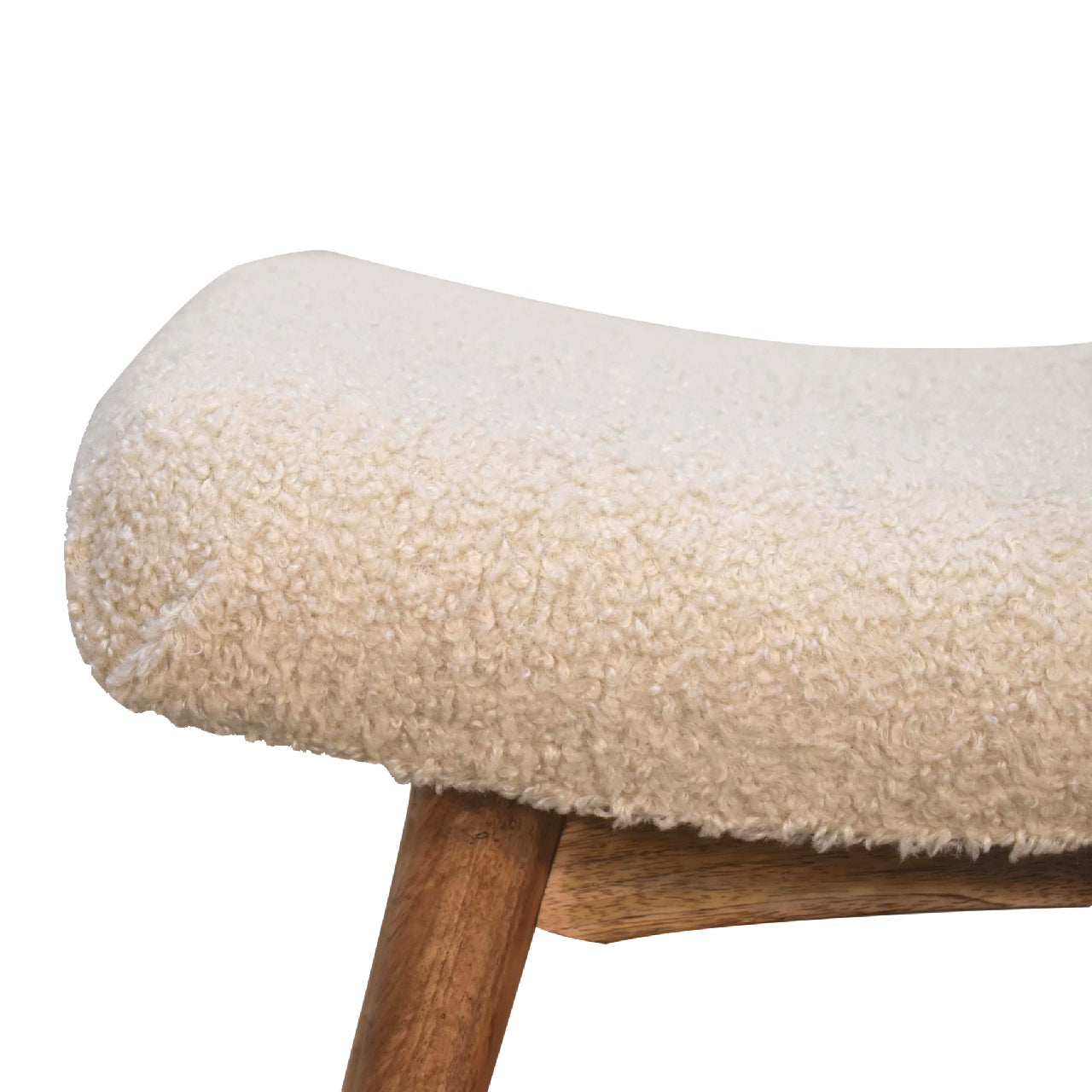 Boucle Cream Curved Bench — side angle