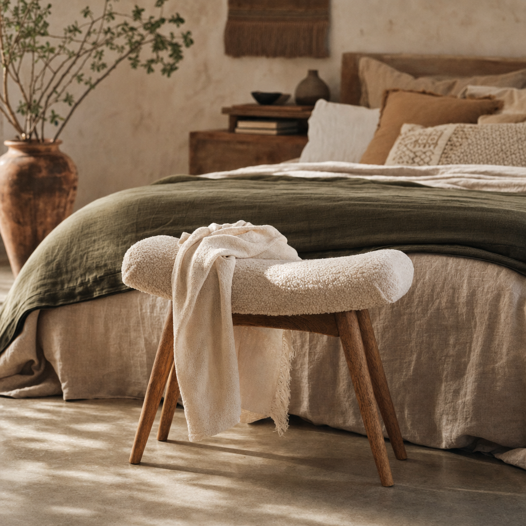 Boucle Cream Curved Bench — lifestyle photo
