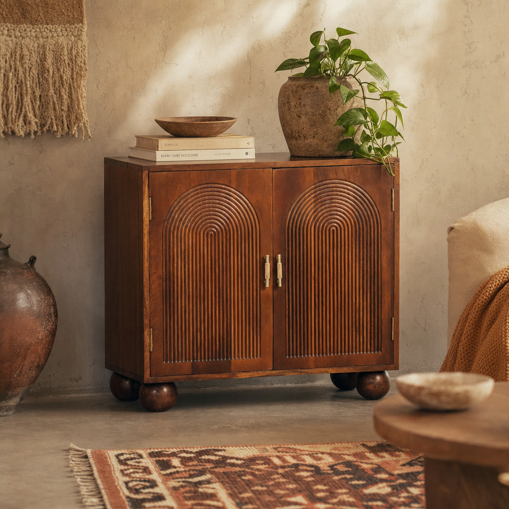 Chestnut Carved Ball Cabinet — lifestyle photo