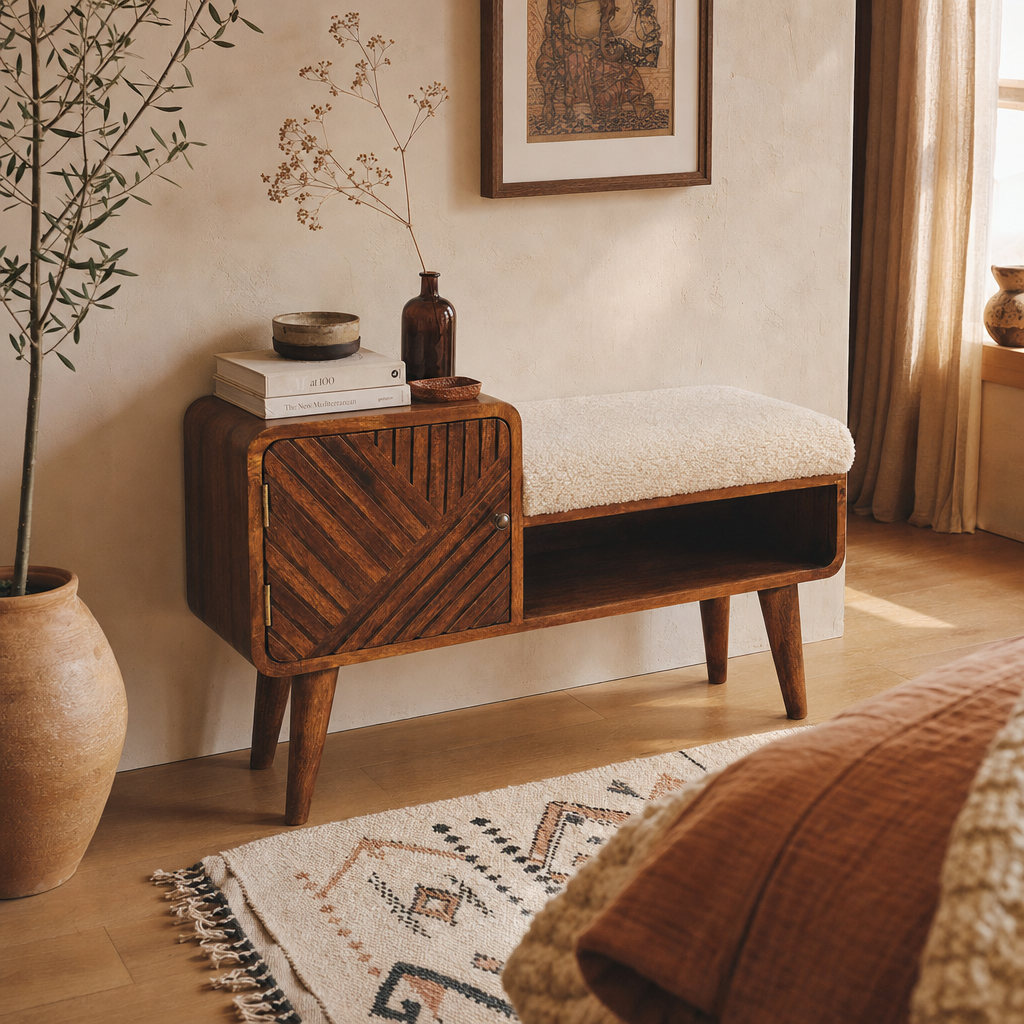 Boucle Carved Chestnut Telephone Table — lifestyle photo