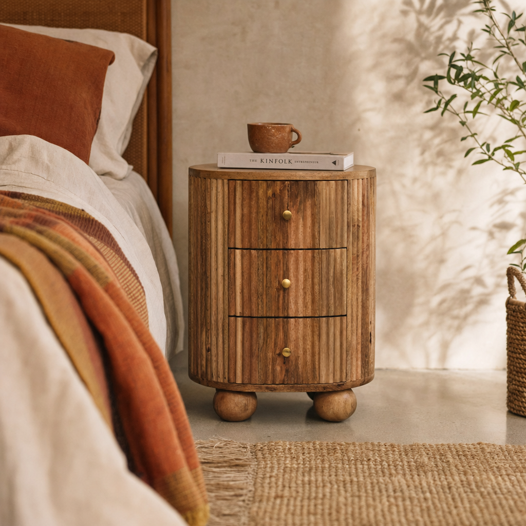 Soba Ball 3 Drawer Bedside Table — lifestyle photo