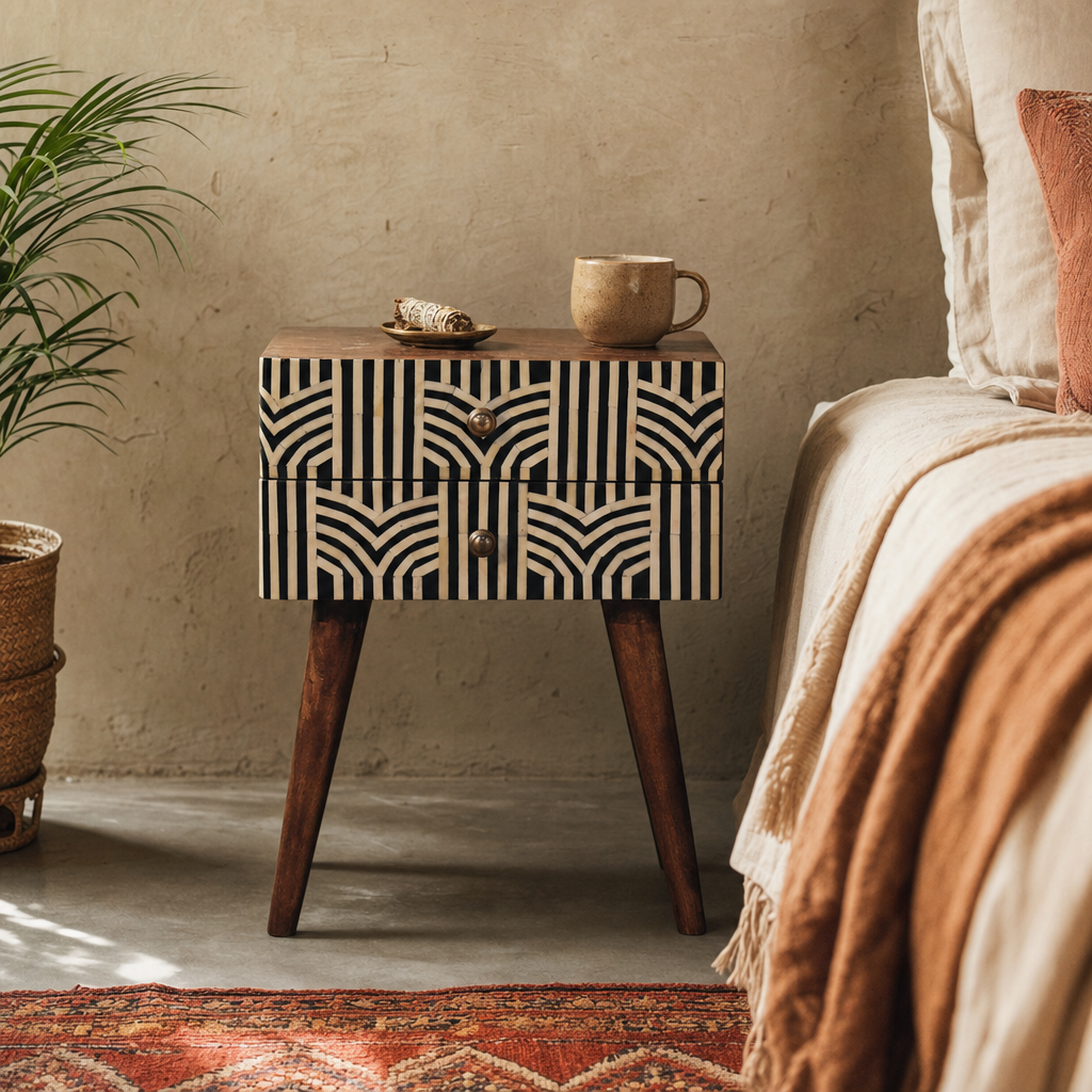Honey Caramel Edessa Bone Inlay Bedside Table — lifestyle photo