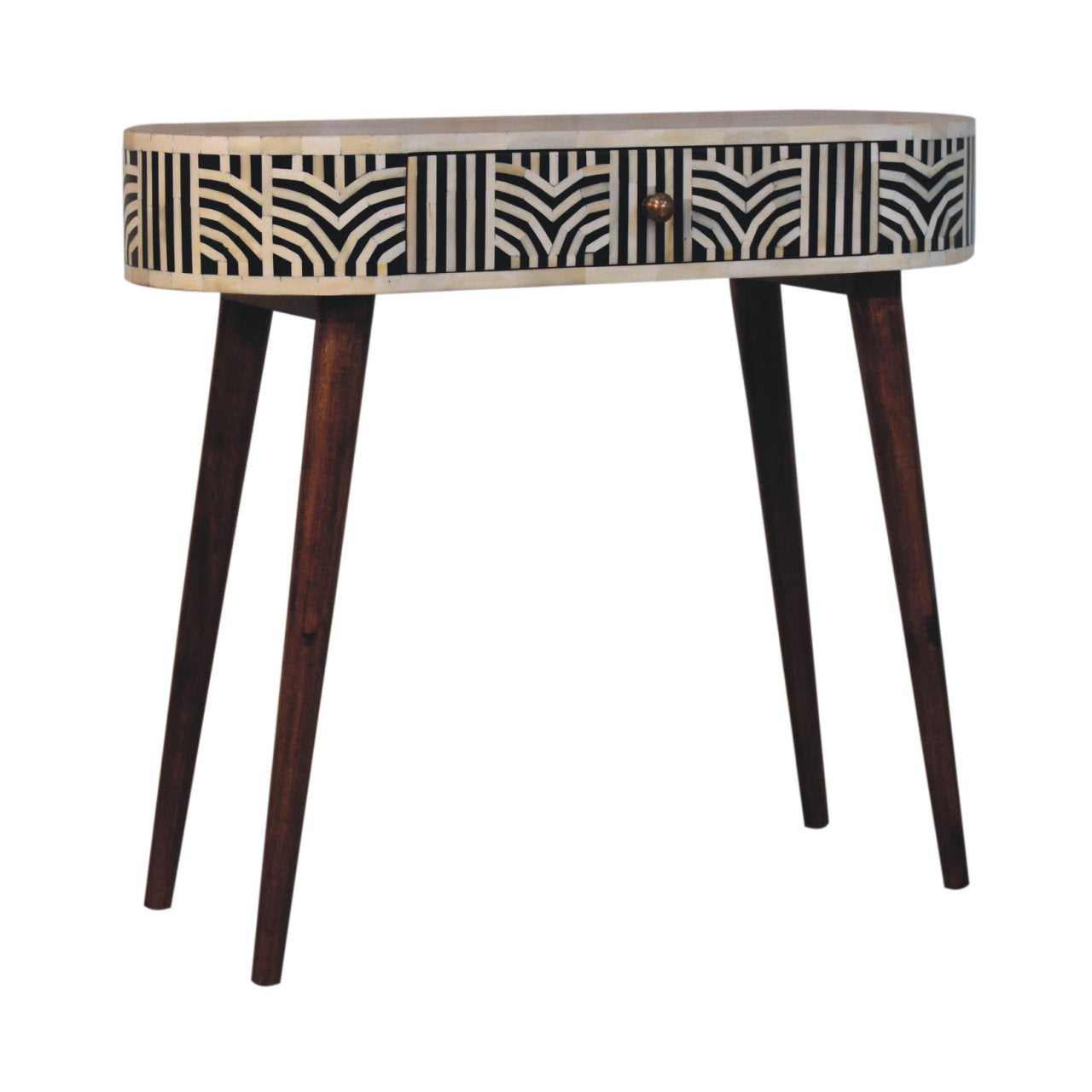 Honey Caramel Edessa Bone Inlay Console Table — front three-quarter view