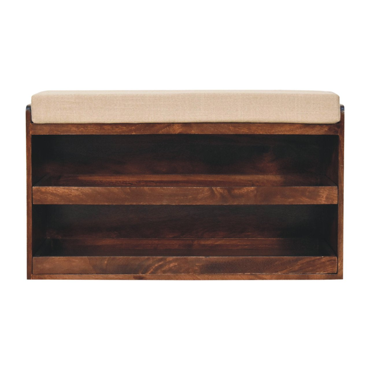 California Walnut & Mud Linen Pull out Shoe Bench — main view, handcrafted solid mango wood