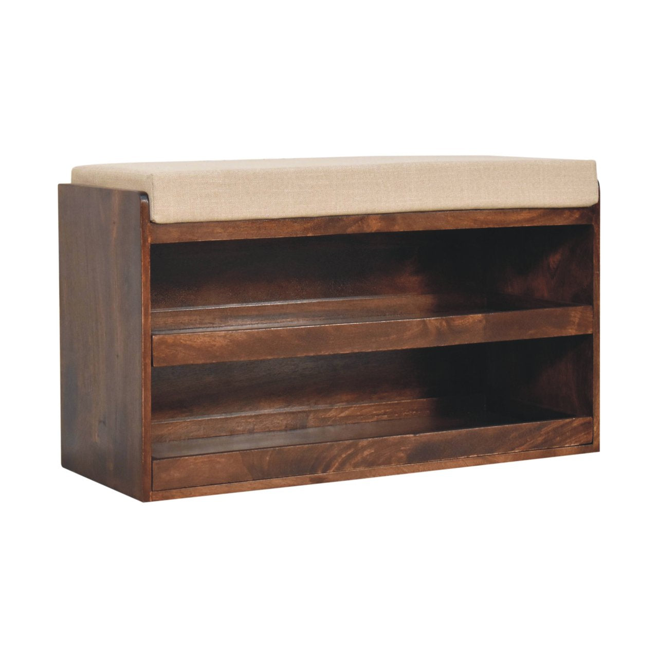 California Walnut & Mud Linen Pull out Shoe Bench | Solid Mango Wood