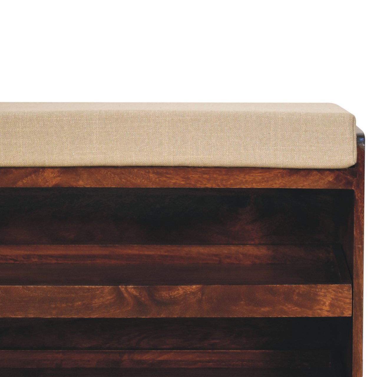 California Walnut & Mud Linen Pull out Shoe Bench | Solid Mango Wood
