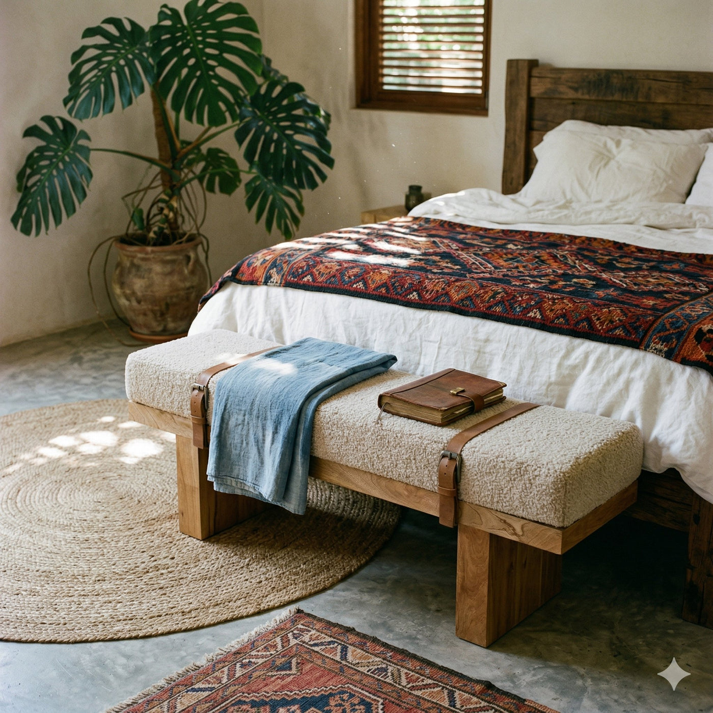 Belmont Cream Boucle Bench | Solid Mango Wood