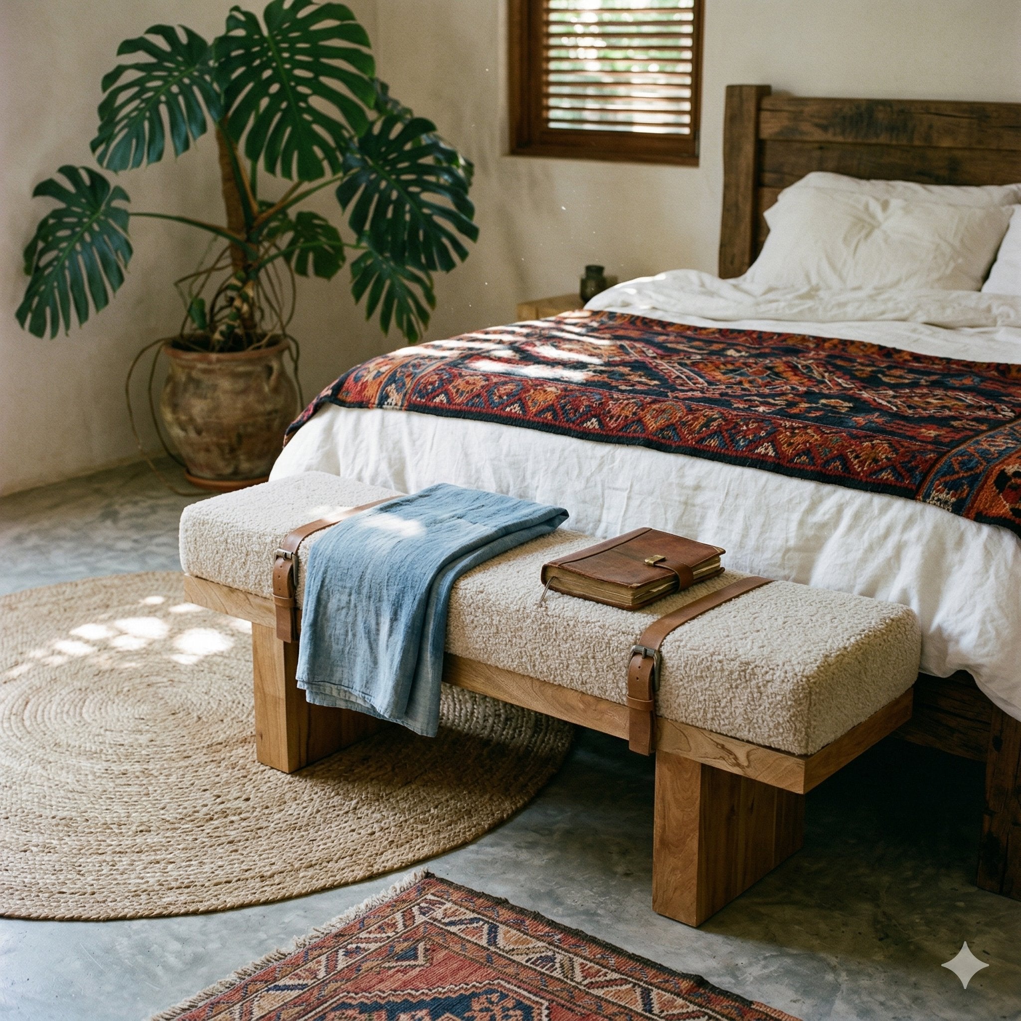 Belmont Cream Boucle Bench — main view, handcrafted solid mango wood