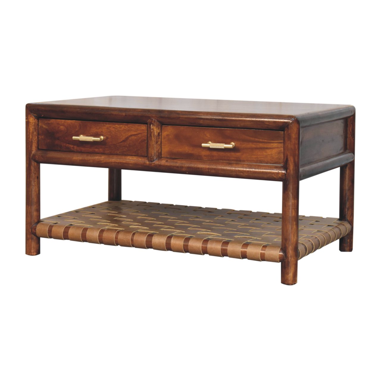 Regency Woven Coffee Table with 4 drawers — front three-quarter view