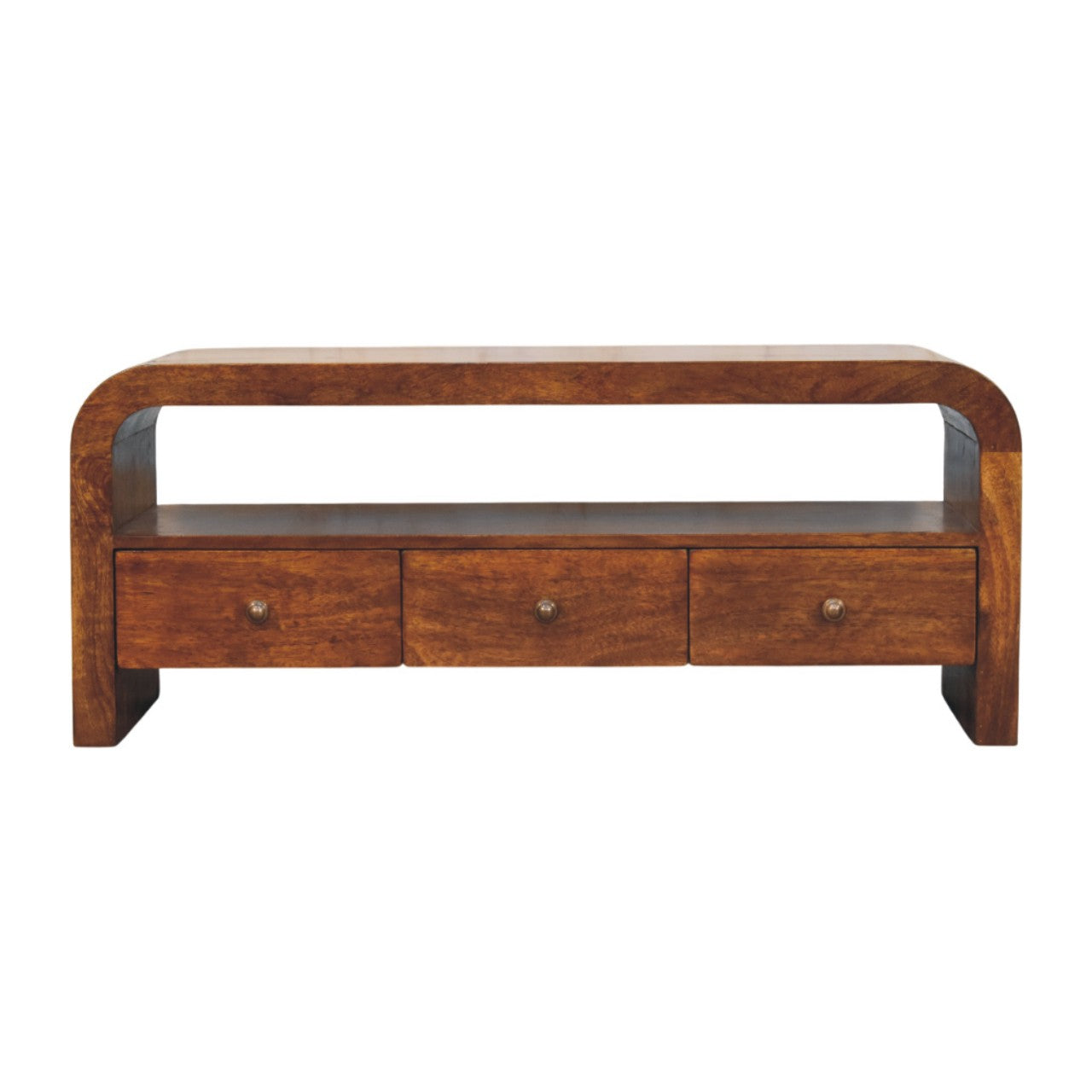 Darcy 3 drawer Open Shelf Chestnut Media unit | Solid Mango Wood