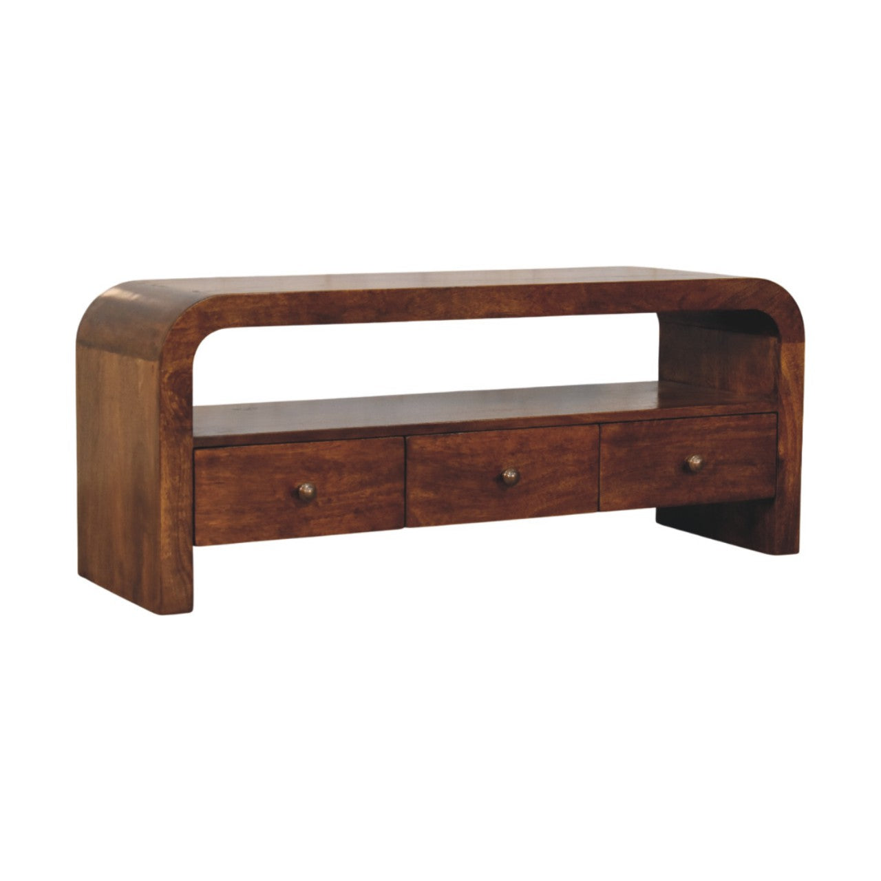 Darcy 3 drawer Open Shelf Chestnut Media unit | Solid Mango Wood