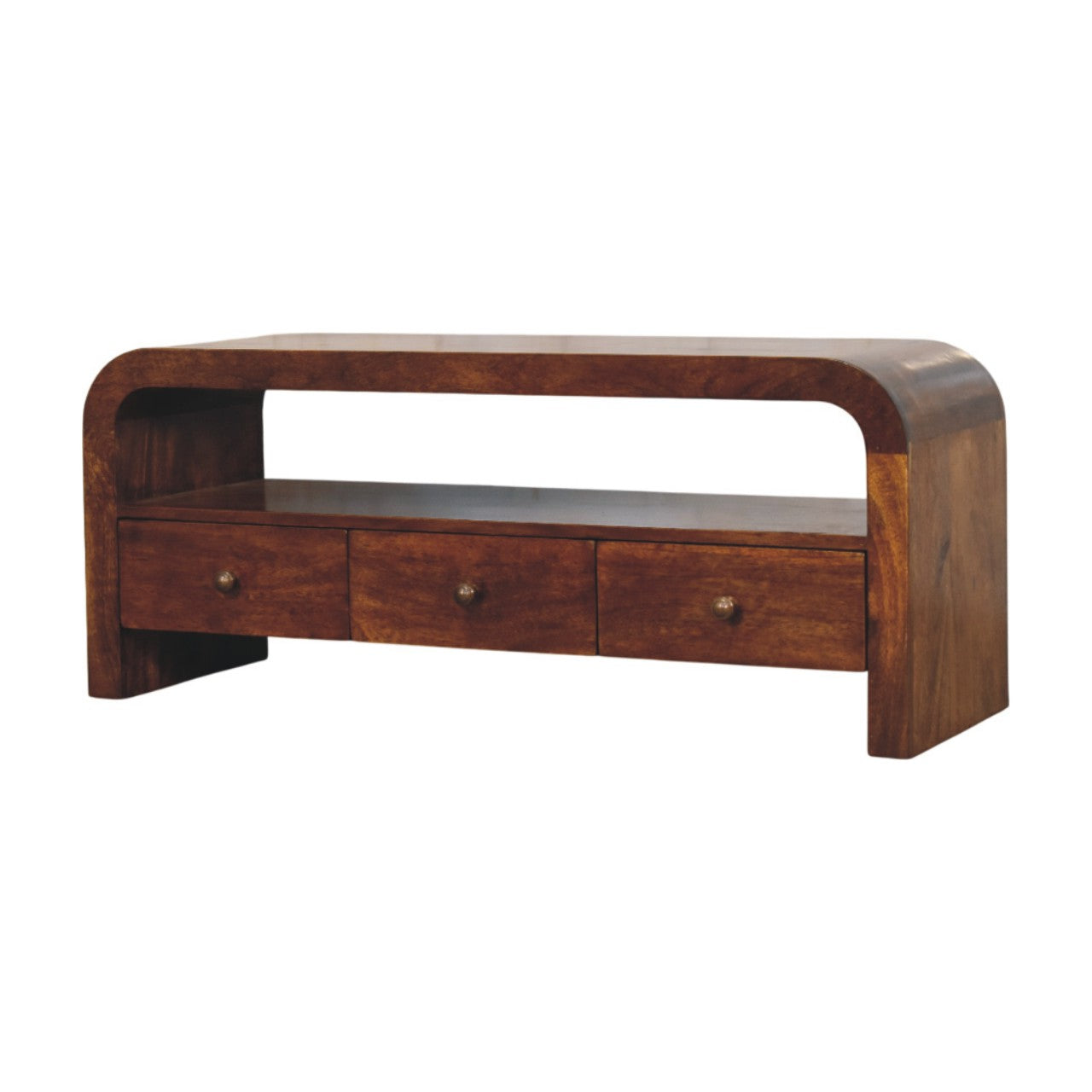 Darcy 3 drawer Open Shelf Chestnut Media unit | Solid Mango Wood