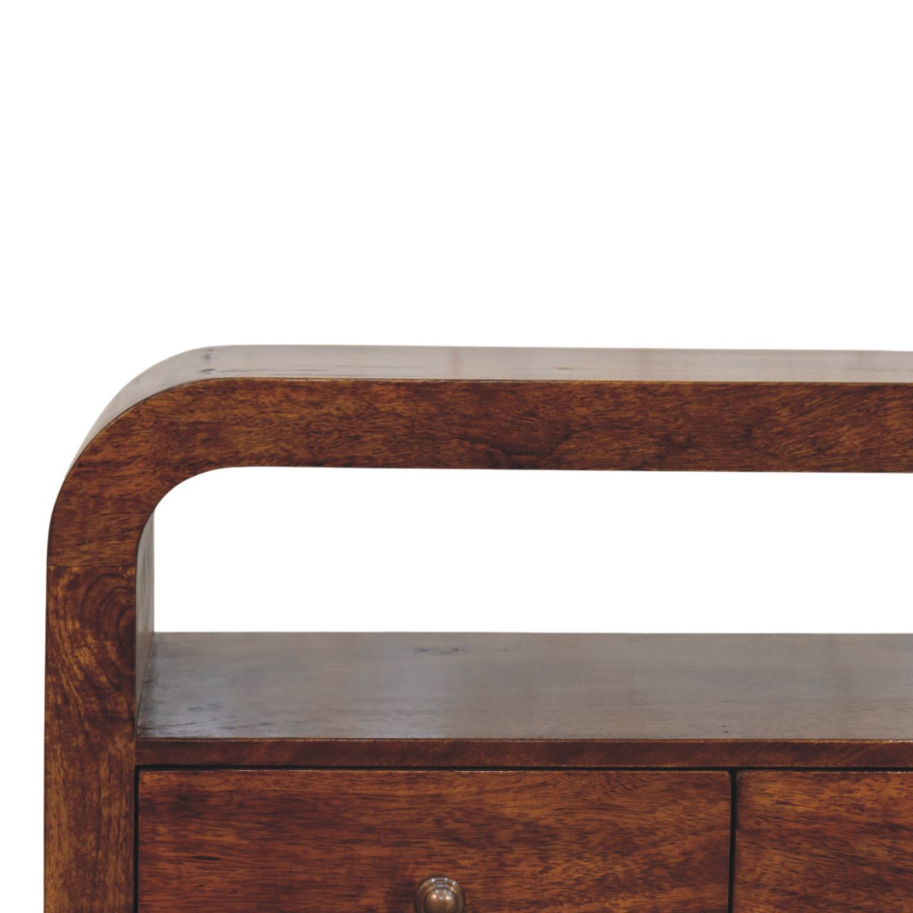 Darcy 3 drawer Open Shelf Chestnut Media unit — detail close-up