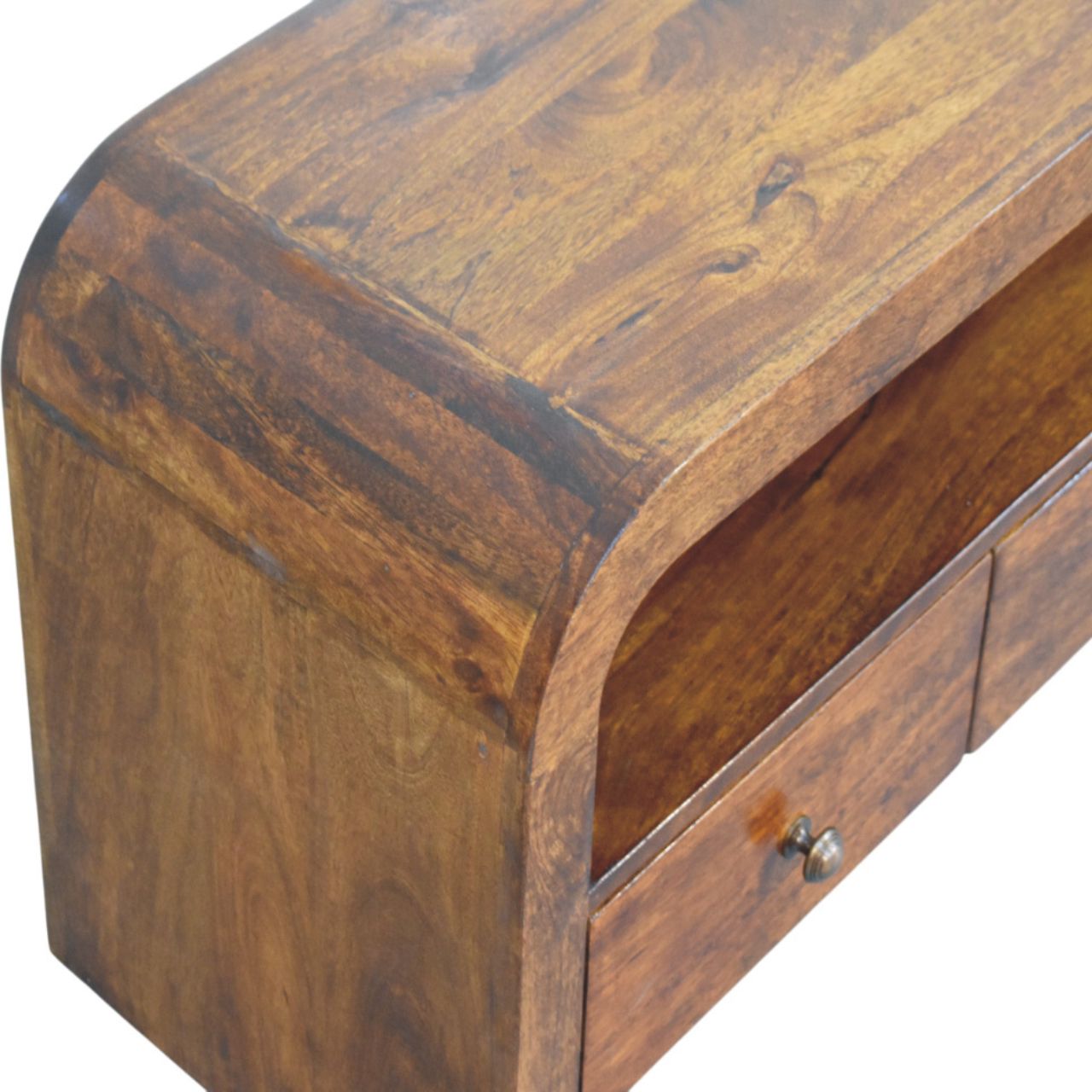 Darcy 3 drawer Open Shelf Chestnut Media unit | Solid Mango Wood