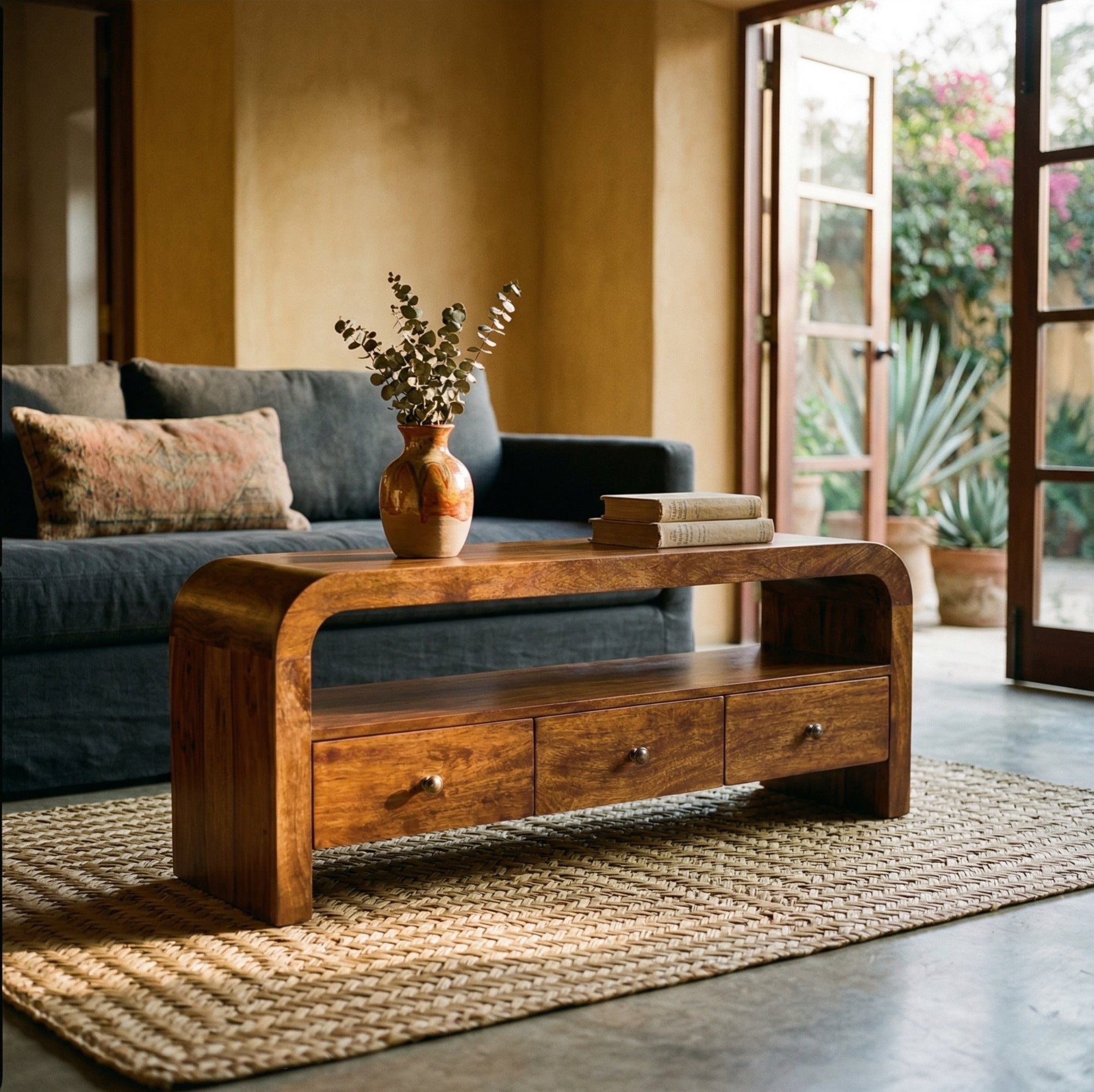 Darcy 3 drawer Open Shelf Chestnut Media unit — lifestyle photo