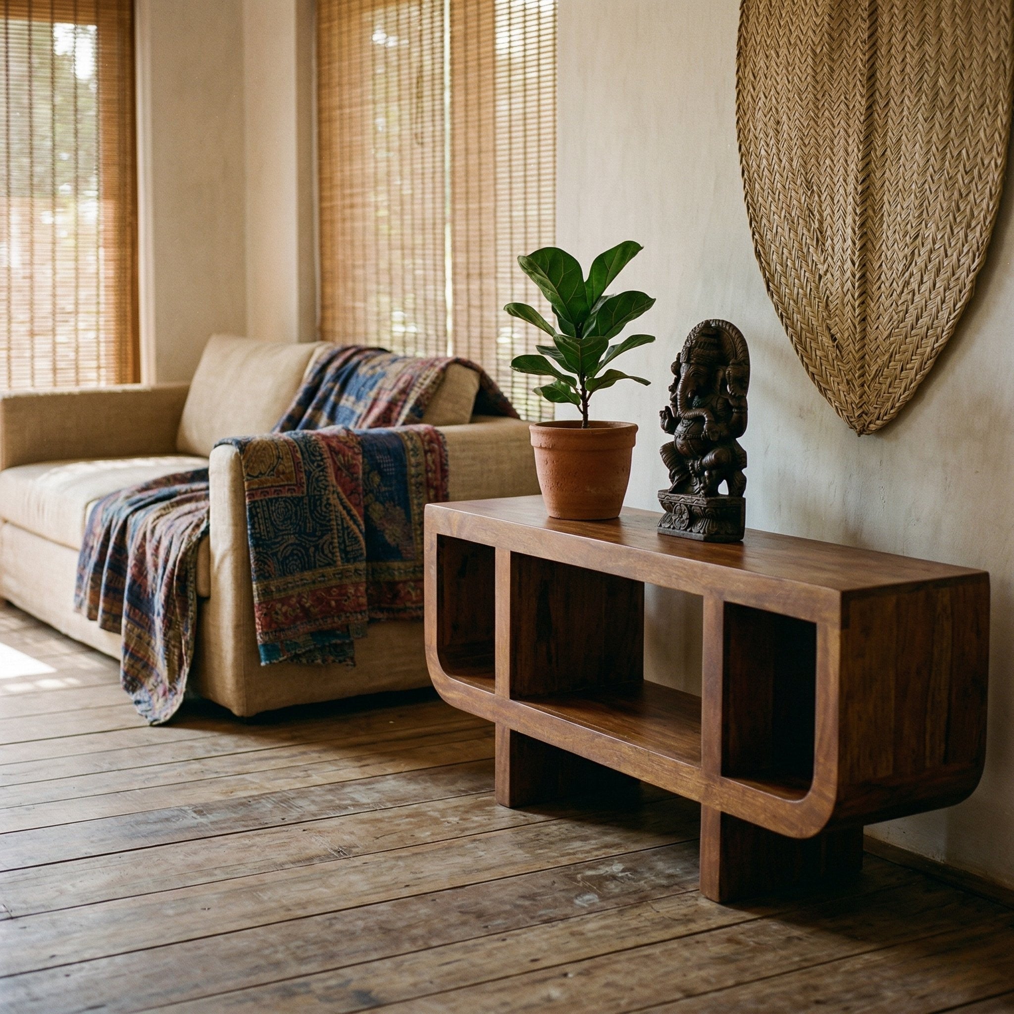 Orion Curved Chestnut Media Unit — lifestyle photo