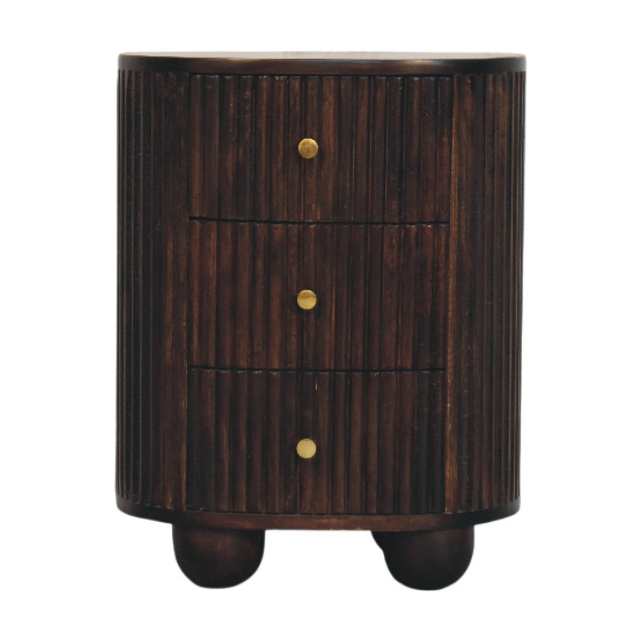Curved Fluted 3-Drawer Bedside Table — main view, handcrafted solid mango wood