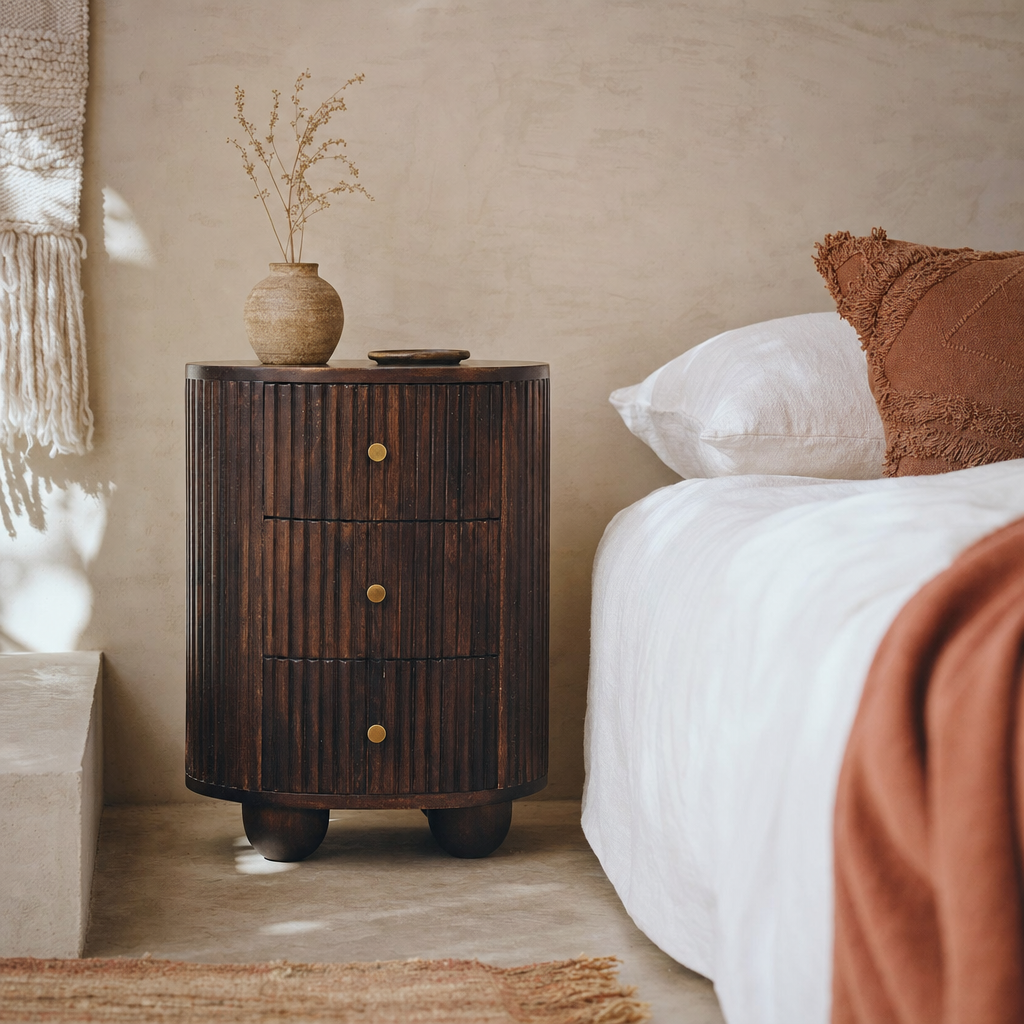 Curved Fluted 3-Drawer Bedside Table — lifestyle photo