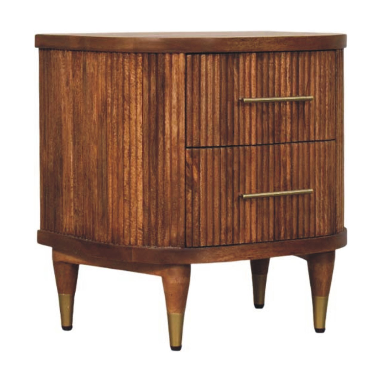 Ribbed Bedside Table with Brass Accents — front three-quarter view