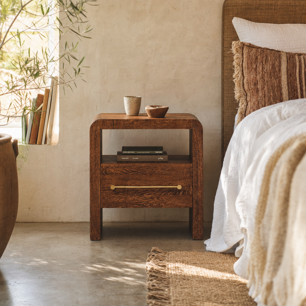 Aurelio Smoked Oak Open Bedside Table — lifestyle photo